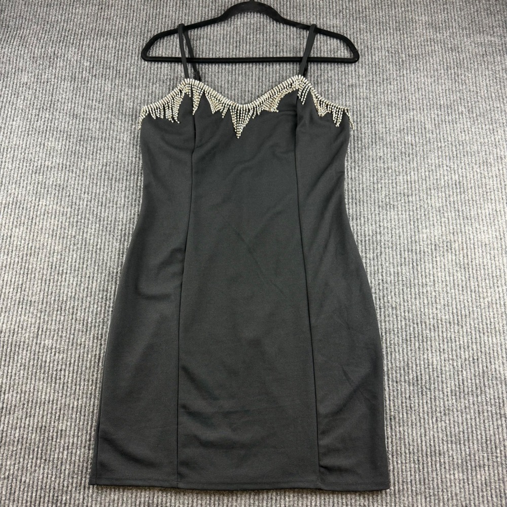 Planet Gold Rhinestone Fringe Bodycon Mini Dress Black Large Homecoming Cocktail
